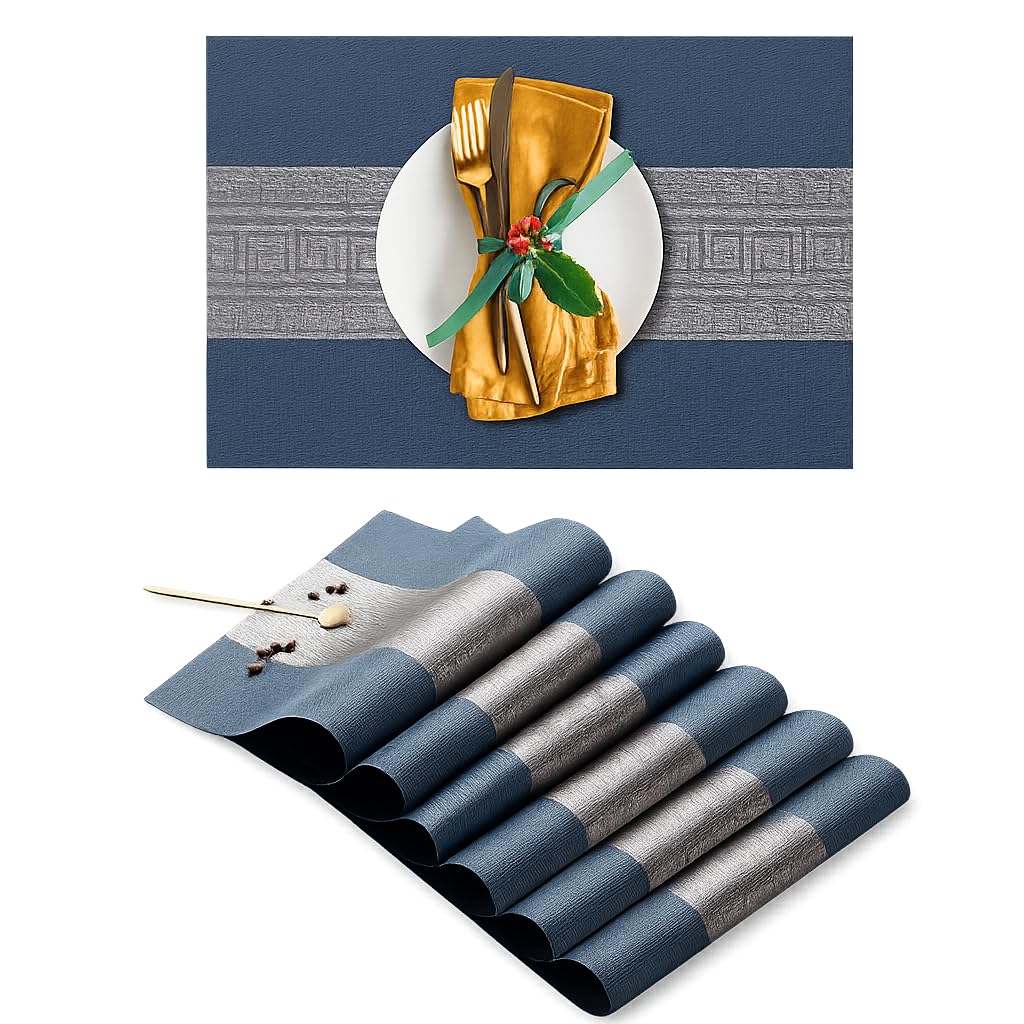 PVC Dining Table Placemats Set - Heat Resistant Washable Non-Slip Place Mats for Dining Table, Woven Vinyl Stain Resistant Table Mats for, Restaurant and Dining Decor (Blue & Silver, Set of 4)-image-2