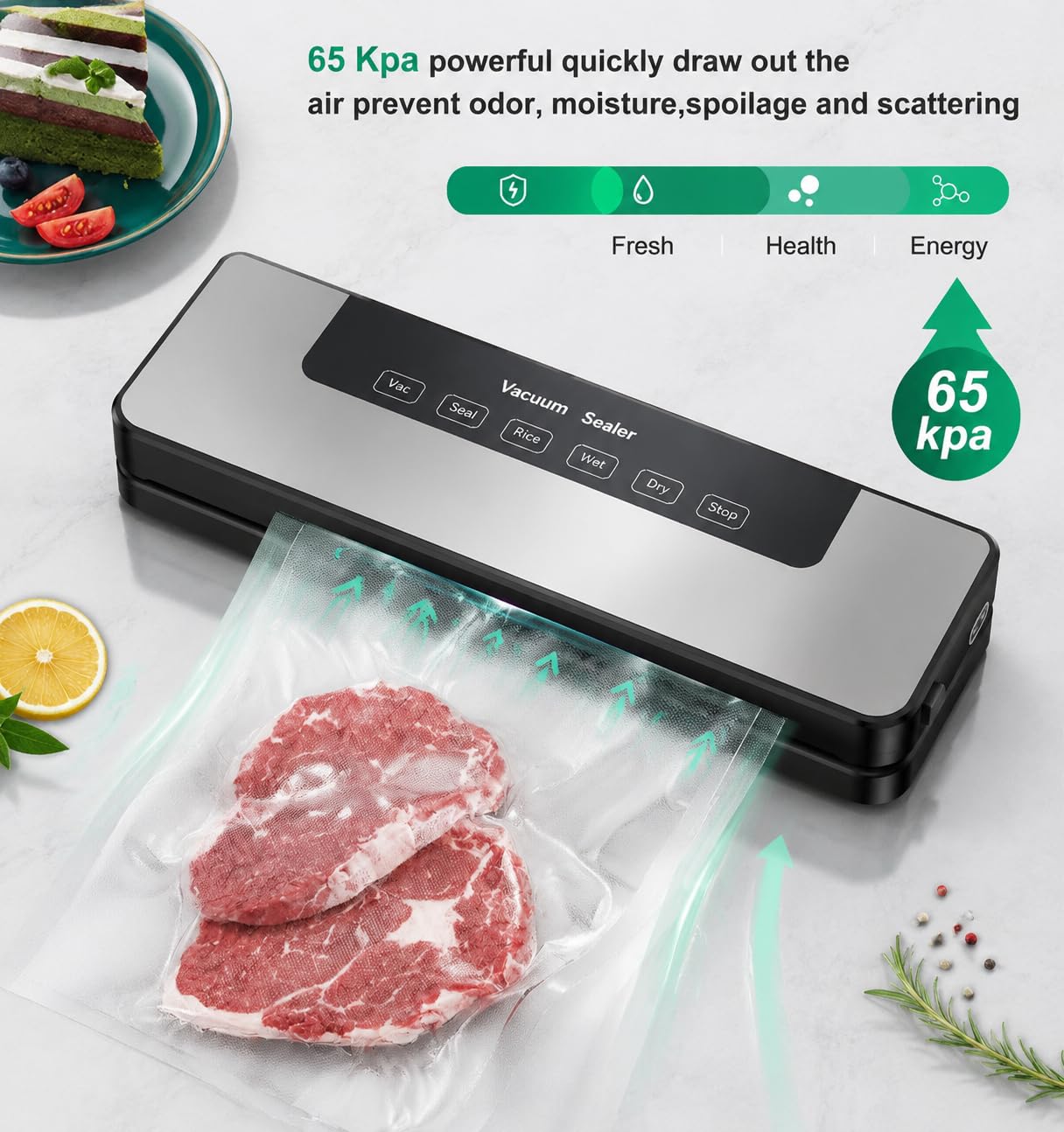 Máquina al vacío para alimentos profesional 65 kpa Hilifix, con sello más largo de 30 mm, sellador al vacío para alimentos frescos tanto secos como húmedos, sobres para aspirar incluidos