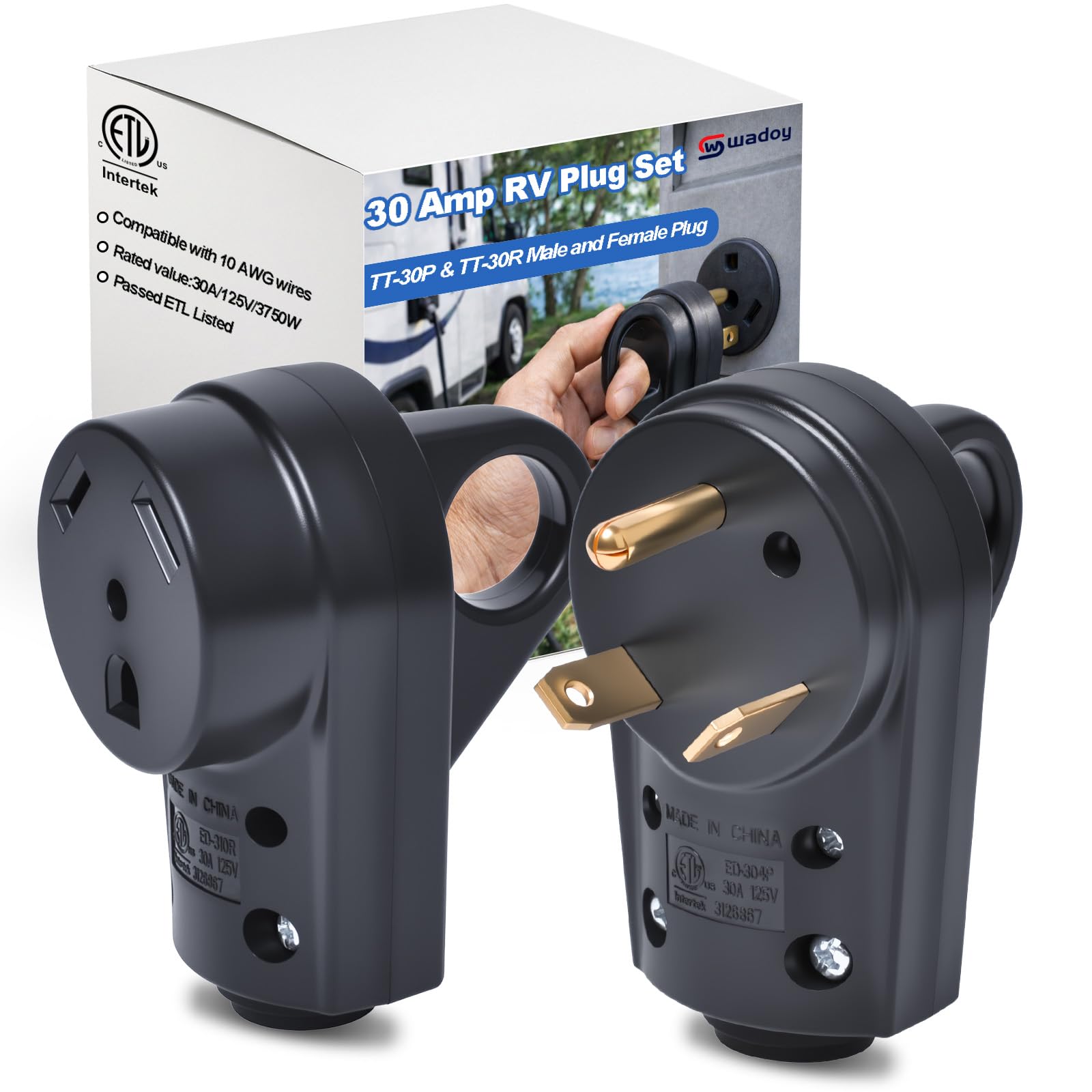 30 Amp RV Plug Set, Male & Female 30A/125V Replacement Plugs with Pull Handle – Heavy-Duty Heat-Resistant Housing, Fits Standard TT-30P RV Power Cords (55245)