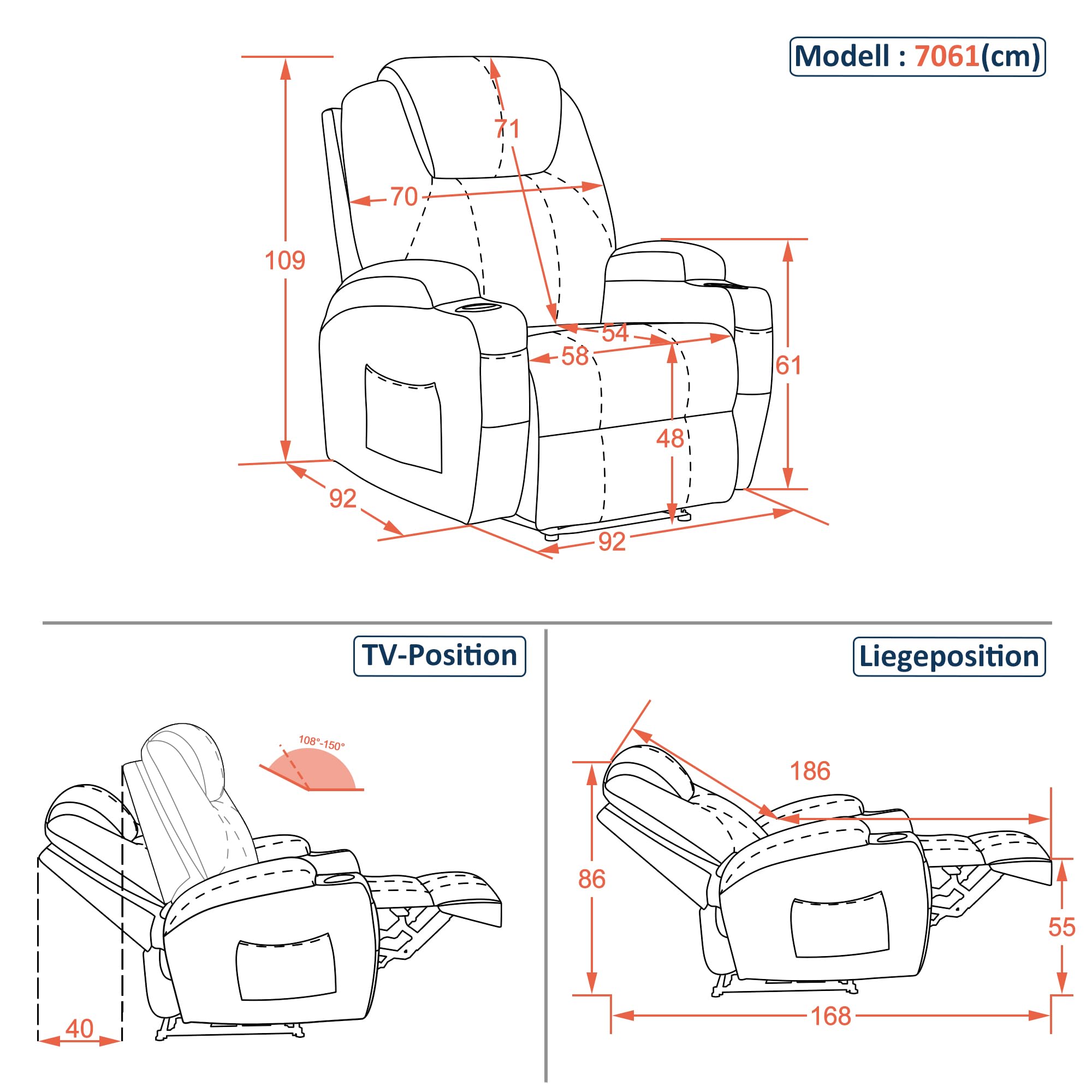 M MCombo Relax Eléctrico Masaje Sillón TV Función Reclinable Calefacción por Vibración Nuevo Modelo 7061(Tela-Beige)