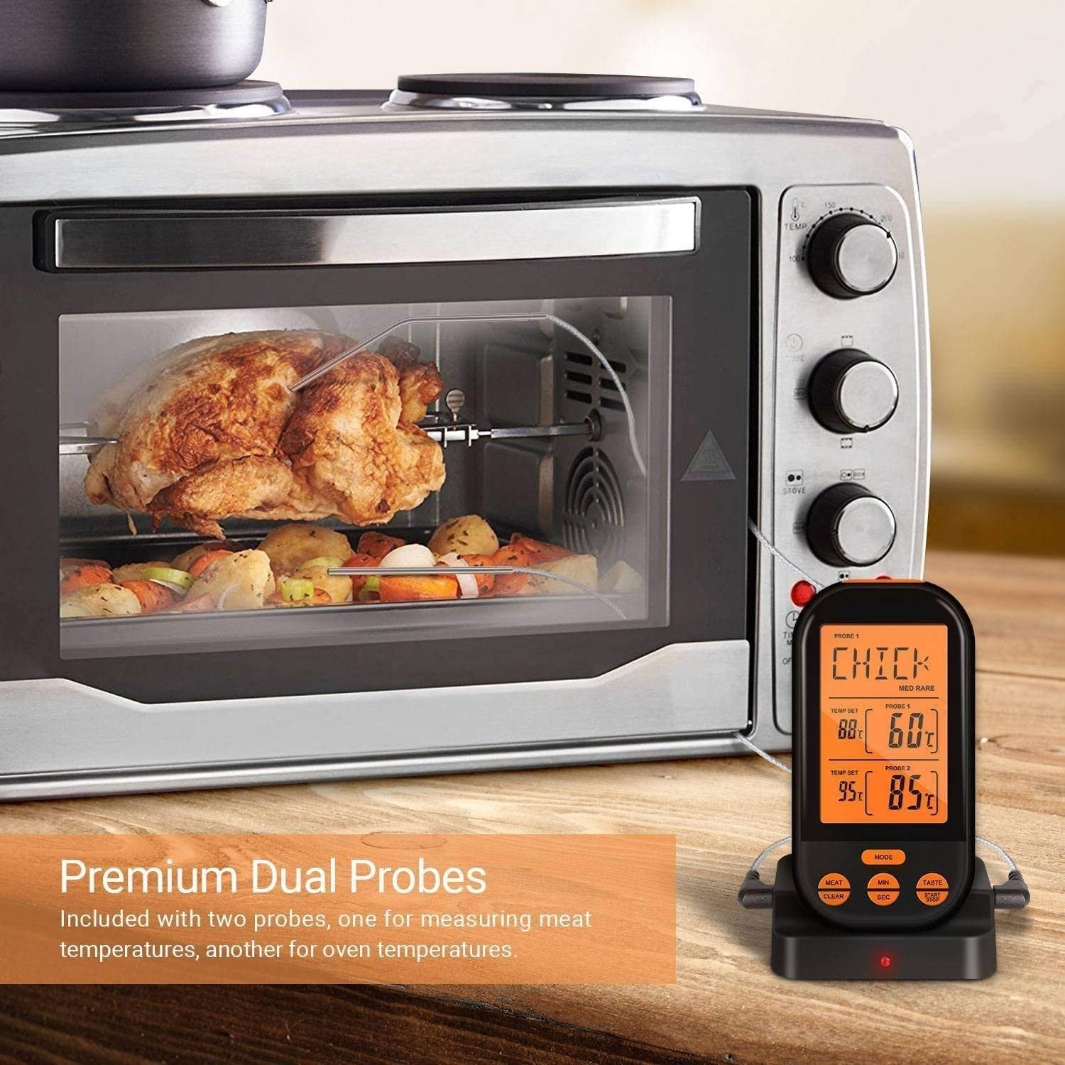 Termómetro de carne de cocción digital de doble sonda LCD grande LCD Luz de retroiluminación Termómetro de la parrilla para el fumador Horno de cocina BBQ, Termómetro de carne de cocción digital remot