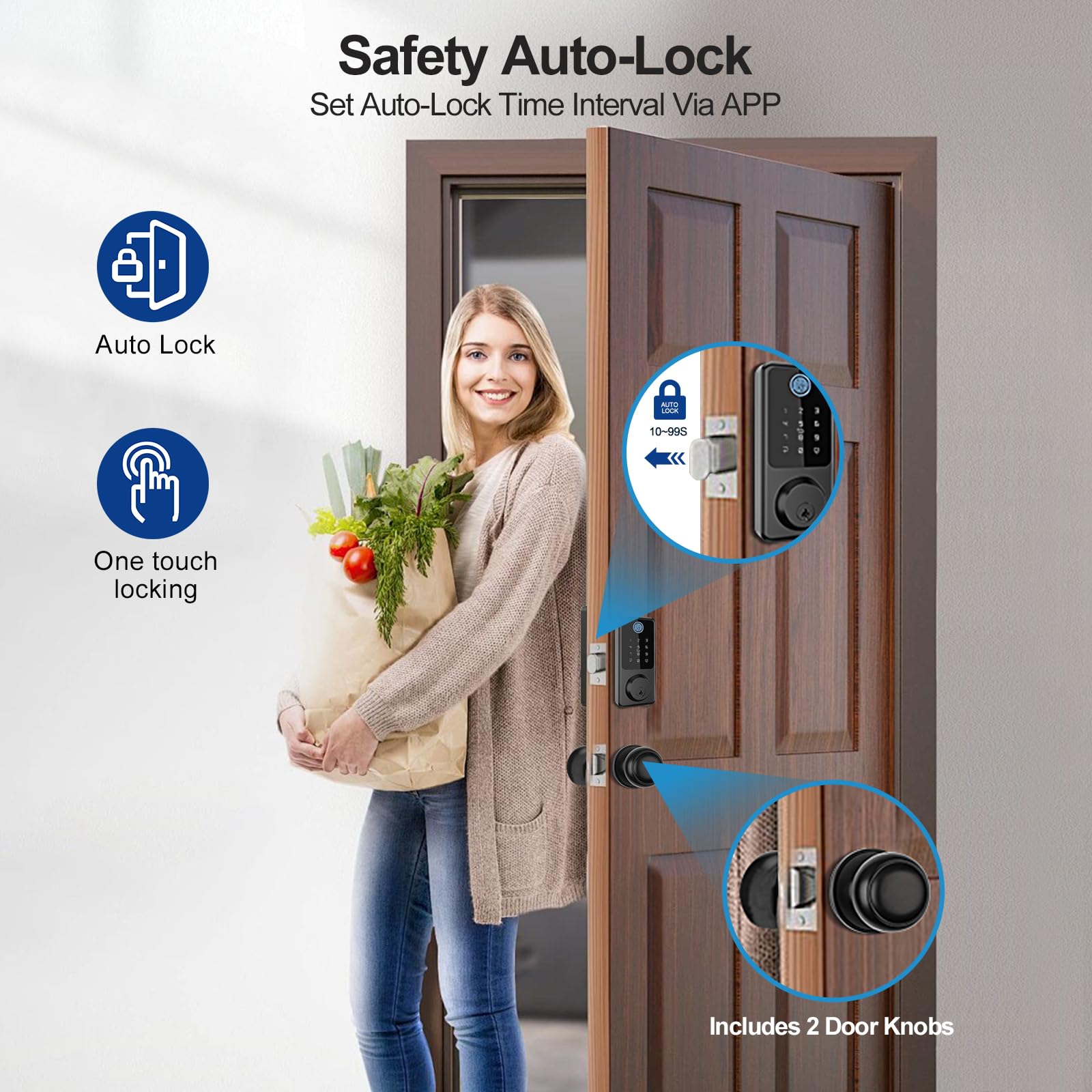 Serrure de porte à empreinte digitale avec poignée ronde Secusly Serrure de porte d'entrée sans clé Ensemble de poignées de porte d'entrée à clavier électronique avec poignée à levier Installation