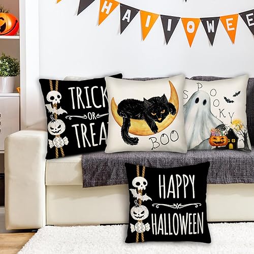 Miniatura 3 de Asamour Happy Halloween Boo - Juego de 4 fundas de almohada de gato negro de 16 x 16 pulgadas, juego de 4 fundas de almohada decorativas de truco o
