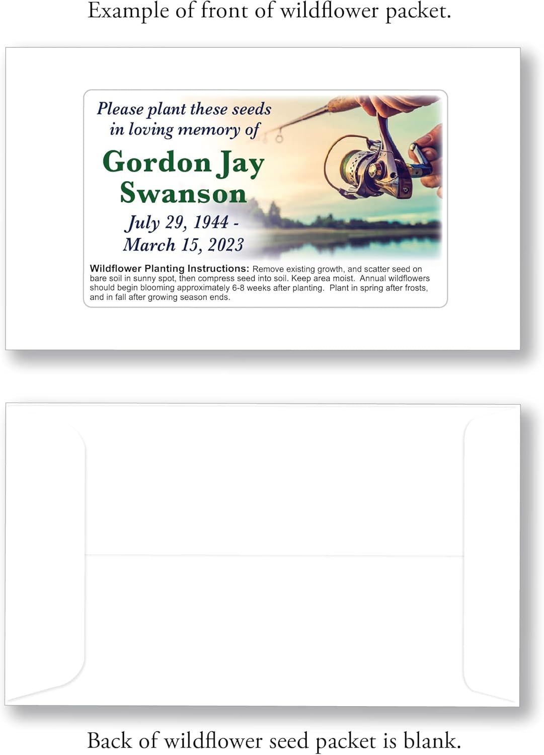 50 Personalized Fishing Fisherman Lake Wildflower Memorial Funeral Seed Packets Favors Remembrance Celebration of Life