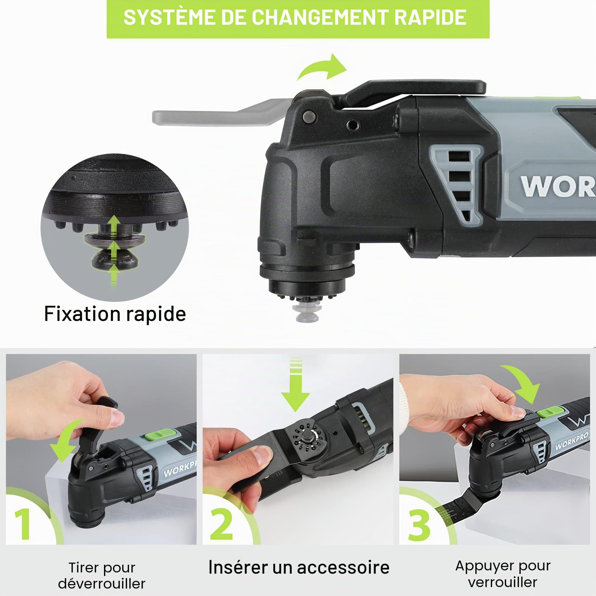 WORKPRO Outil Multifonction Oscillant 300W, 7 Vitesses Réglables, avec 17 Accessoires, Angle d'Oscillation de 3°, Mécanisme de Changement Rapide de Lame pour Sciage, Grattage, Façonnage, Polissage
