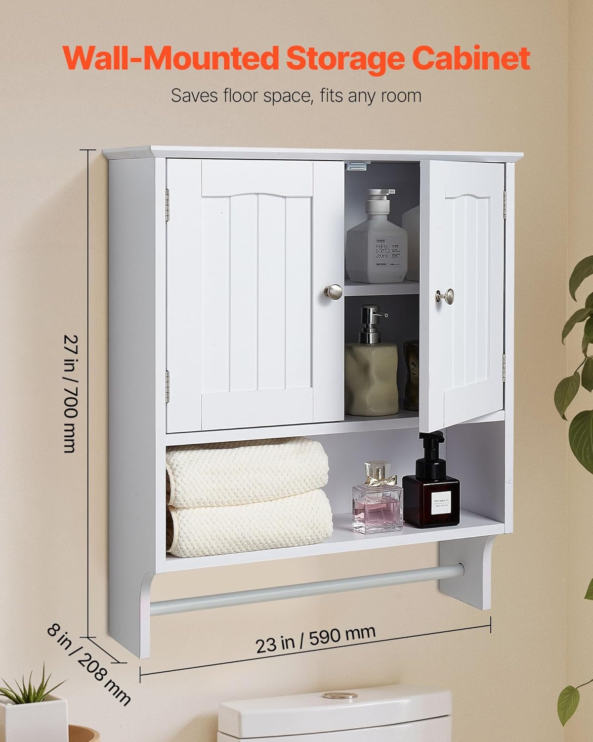 VEVOR Bathroom Wall Cabinet, 23" W x 27" H Storage Medicine Cabinet Wall Mounted, Hanging Organizer with Open Partition and Towel Bar for Laundry Room Kitchen, White