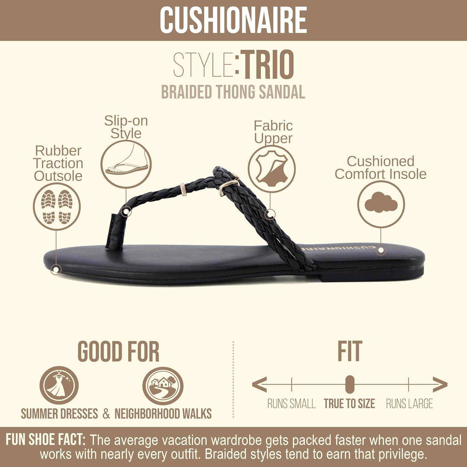CUSHIONAIRE Trio Flip Flops for Women, Comfortable Beach Sandals with Braided Thong Strap, Memory Foam Footbed and Metallic Ring Accents