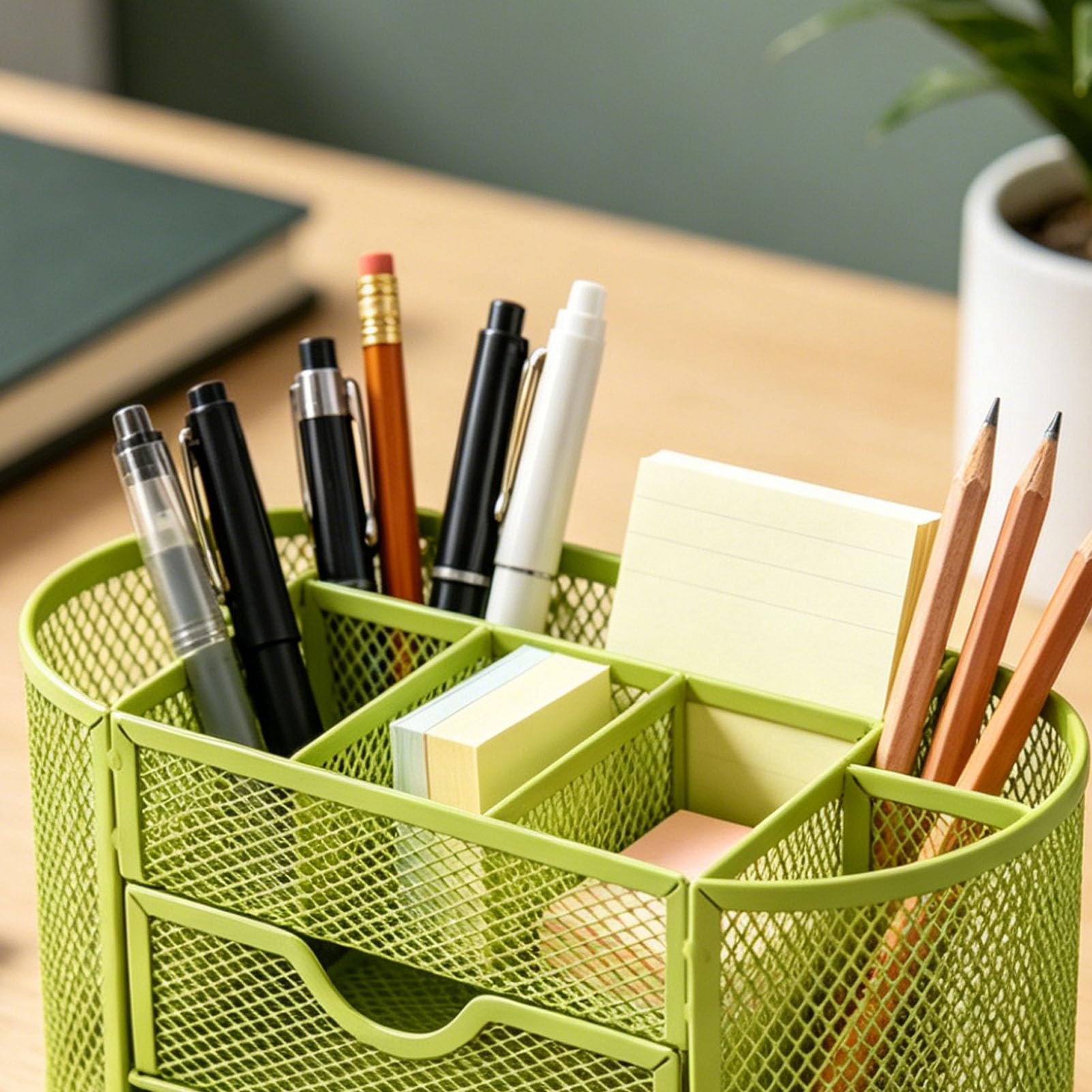 Cocoarm Portapenne Metallico 9 Scomparti con Cassetto, 8,66in (GREEN)