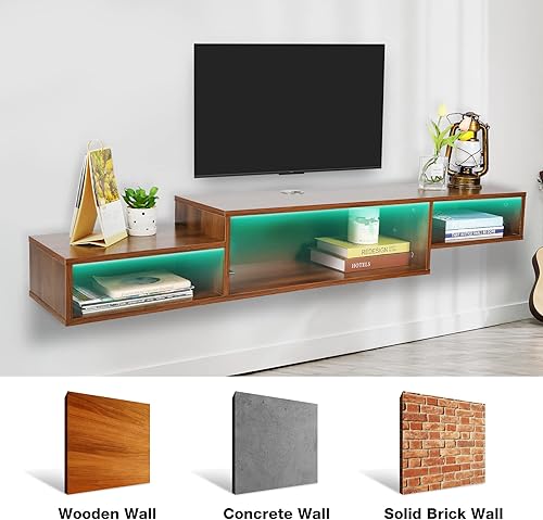 Miniatura 9 de ALAPUR Soporte flotante para TV con toma de corriente, centro de entretenimiento flotante de 59 pulgadas con LED marrón