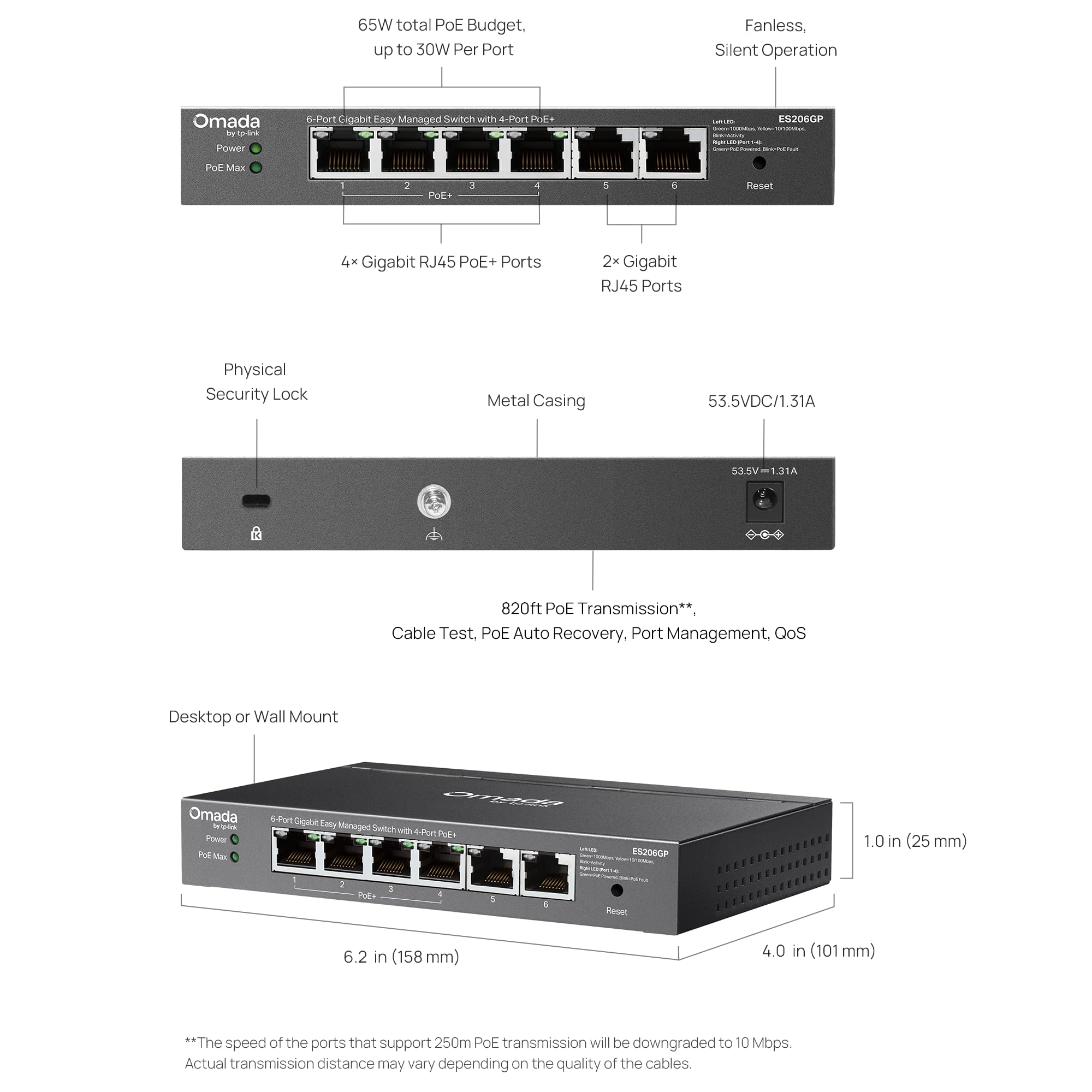 Omada Commutateur Gigabit facile à gérer 6 ports avec 4 ports PoE+