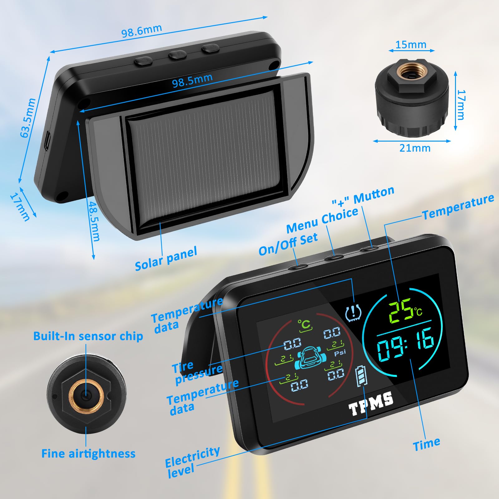 TPMS(0-6.5Bar) Sistema Monitoreo De PresióN De NeumáTicos Carga Solar USB, 4 Sensor Presion Neumaticos 5 Modos De Alarma Monitorización（Temperatura y presión etc.）para Coche SUV Furgoneta