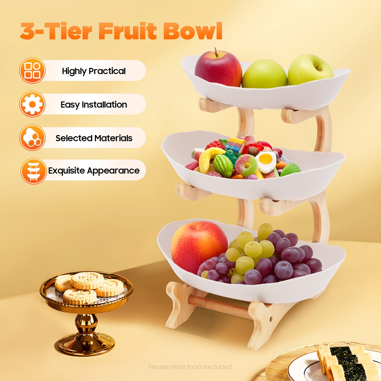 Présentoir à fruits à 3 étages | Bol à fruits en céramique et porcelaine | Assiette à fruits ovale en bambou naturel | Support ovale en bois de bambou naturel | Présentoir à tarte - Plateau à