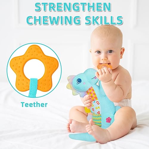 Miniatura 4 de Juguetes musicales de dinosaurio para bebés de 0-3-6-9-12 meses, juguetes de dinosaurio para bebés con papel de sonido arrugado, mordedor, texturas
