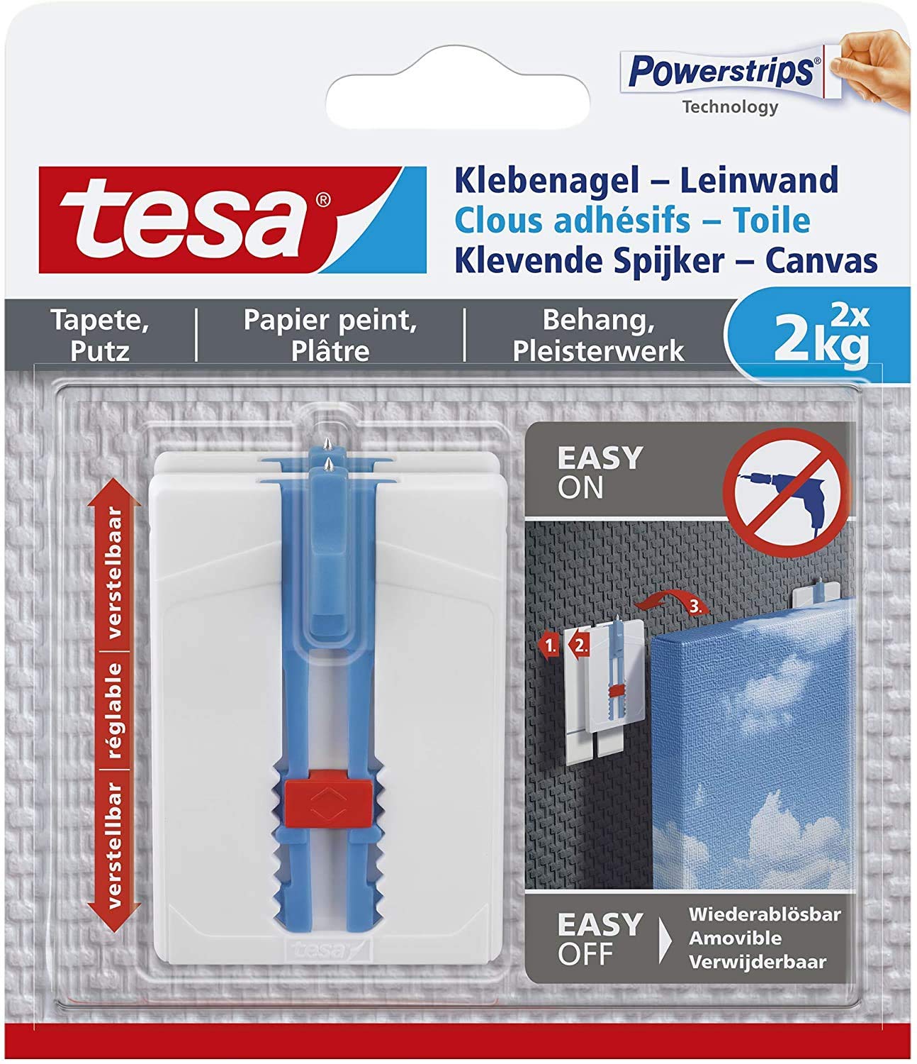 Tesa 77779 Leinwand Tapete & Putz Klebenagel Tapeten & Putz-höhenverstellbar-Selbstklebender ideal für Leinwand & Keilrahmen-Halteleistung 2kg/Nagel-spurlos ablösbar, Weiß (2kg - 10 Klebenägel)