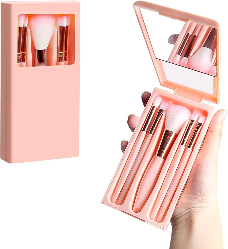 Travel Brush Set, Portable 5 PCS Mini Makeup Brushes with Mirror, Easy-taken Makeup Tool Set for Eyeshadow, Contour, Blush, Complete Function Cosmetic Profesional Tools (Pink)