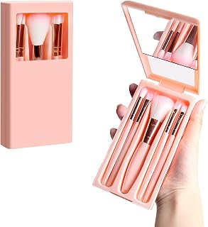 Travel Brush Set, Portable 5 PCS Mini Makeup Brushes with Mirror, Easy-taken Makeup Tool Set for Eyeshadow, Contour, Blush, Complete Function Cosmetic Profesional Tools (Pink)