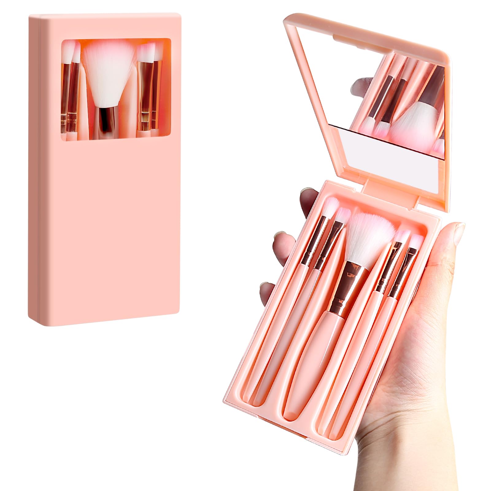 Travel Makeup Brush Set, 5 PCS Mini Brushes with Mirror, Portable (Pink)
