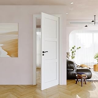 28"x80" CARB P2 Pre-Built Solid Core & Pre-Finished & Paintable Wood Doors, Interior Door for Bedroom, 3-Panel Swing Shaker Door w/o Frame, Barn Doors