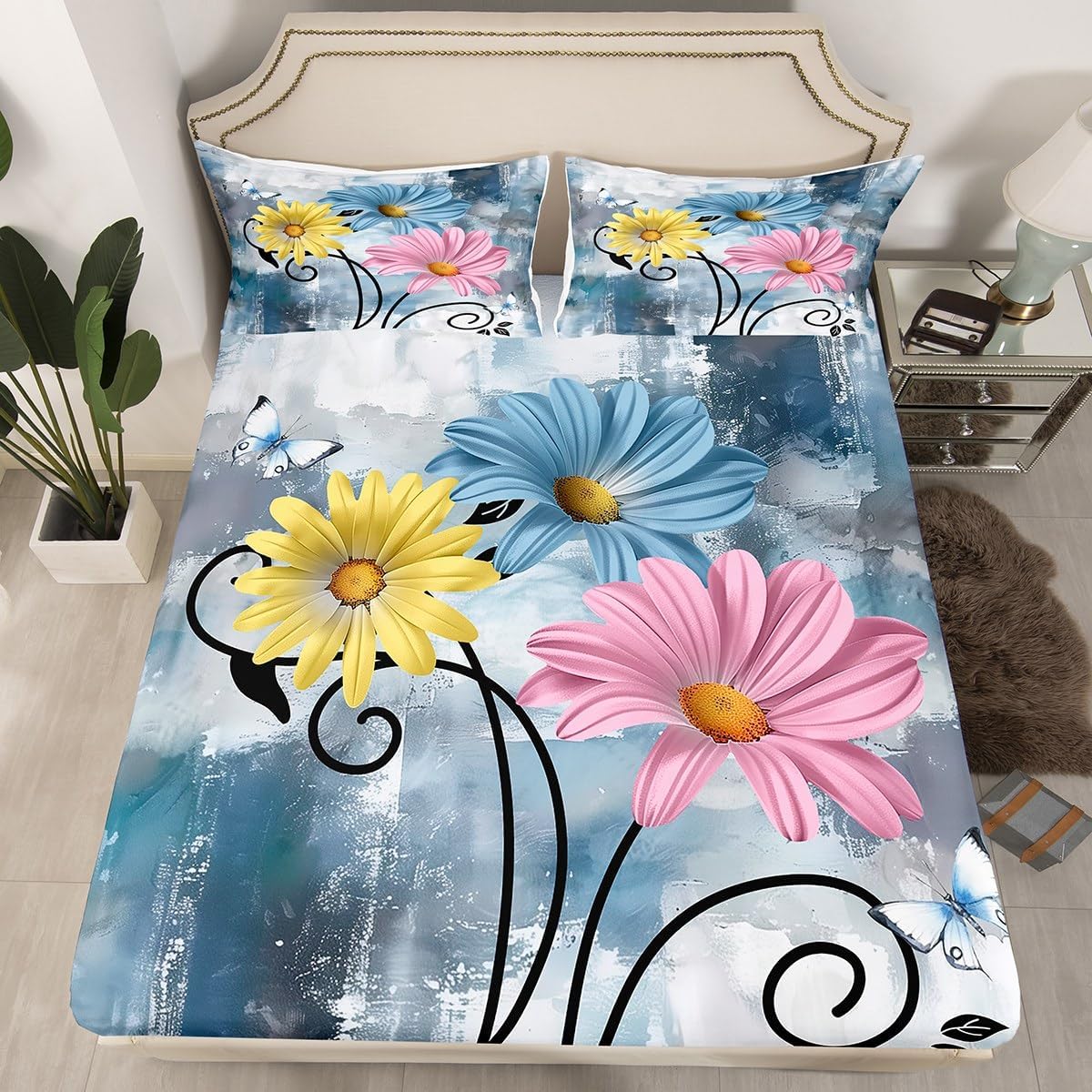 Rustic Flower Fitted Sheet Farmhouse Country Floral Bed Sheets for Blue Daisy Flowers and Butterfly Sheets for Room Decor,Wooden Teal Turquoise Bed Set Pink Yellow Grey Bedding Set,Queen