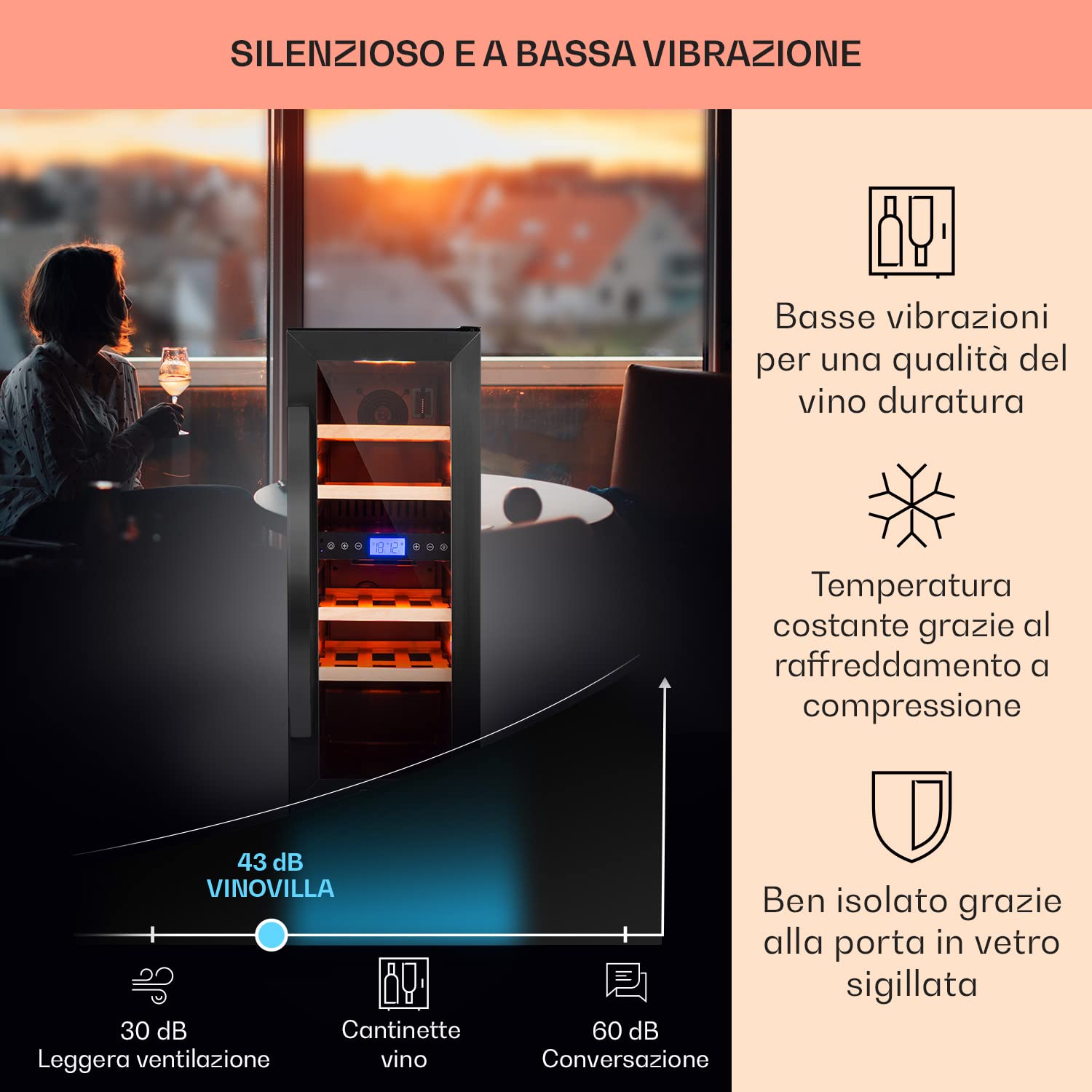 KLARSTEIN Cantinetta Vino Design da Incasso, Refrigerata a Zona Doppia per Vino Rosso, Bianco e Birra, Frigo per Esterno/Interno, 53L, 17 Bottiglie