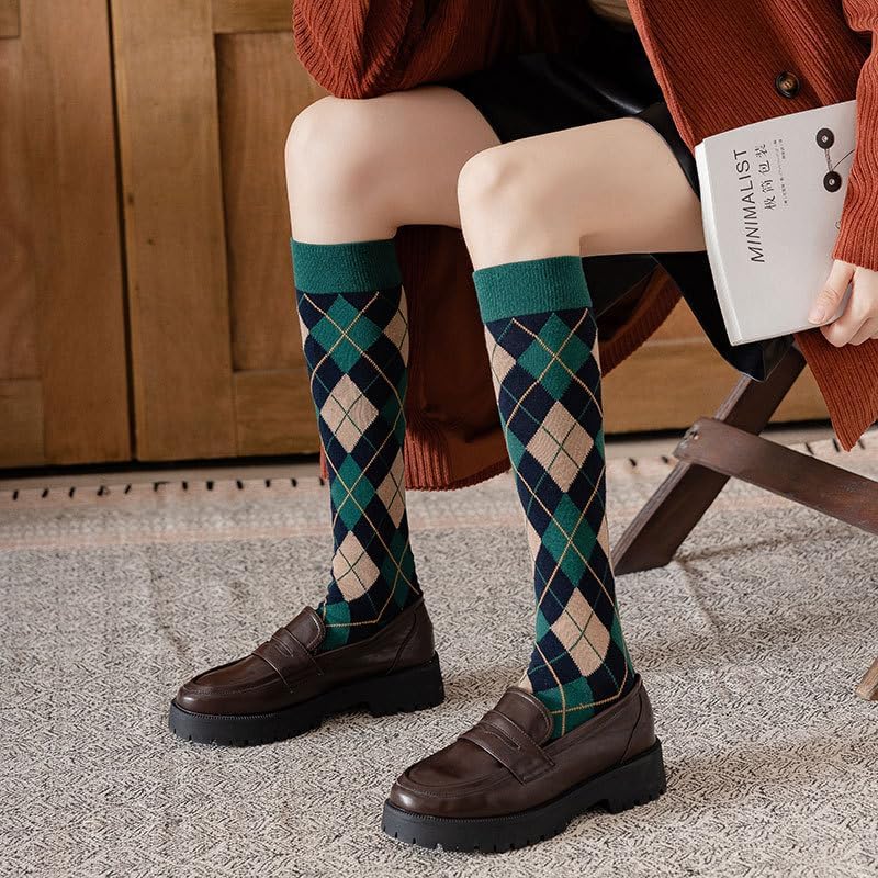 RosyClouds レディース ガールズ アーガイルニーハイソックス グリーン イエロー グレー カーキ コーヒー ヴィンテージ