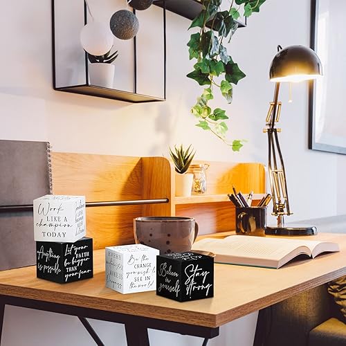 Miniatura 6 de Pinkunn 4 piezas inspiradoras de decoración de escritorio, regalo para hombres y mujeres, mini letreros inspiradores de madera para decoración