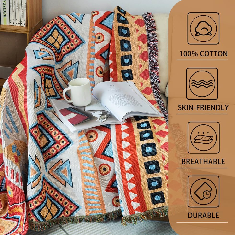 AMWAN Large Beige Couch Cover with Red Orange Boho Geometric Pattern, Universal Durable Colorful Sofa Slipcover for Sectional L Shaped, 3 Cushion Sofa, Sofa Throw Cover, 71"x150"