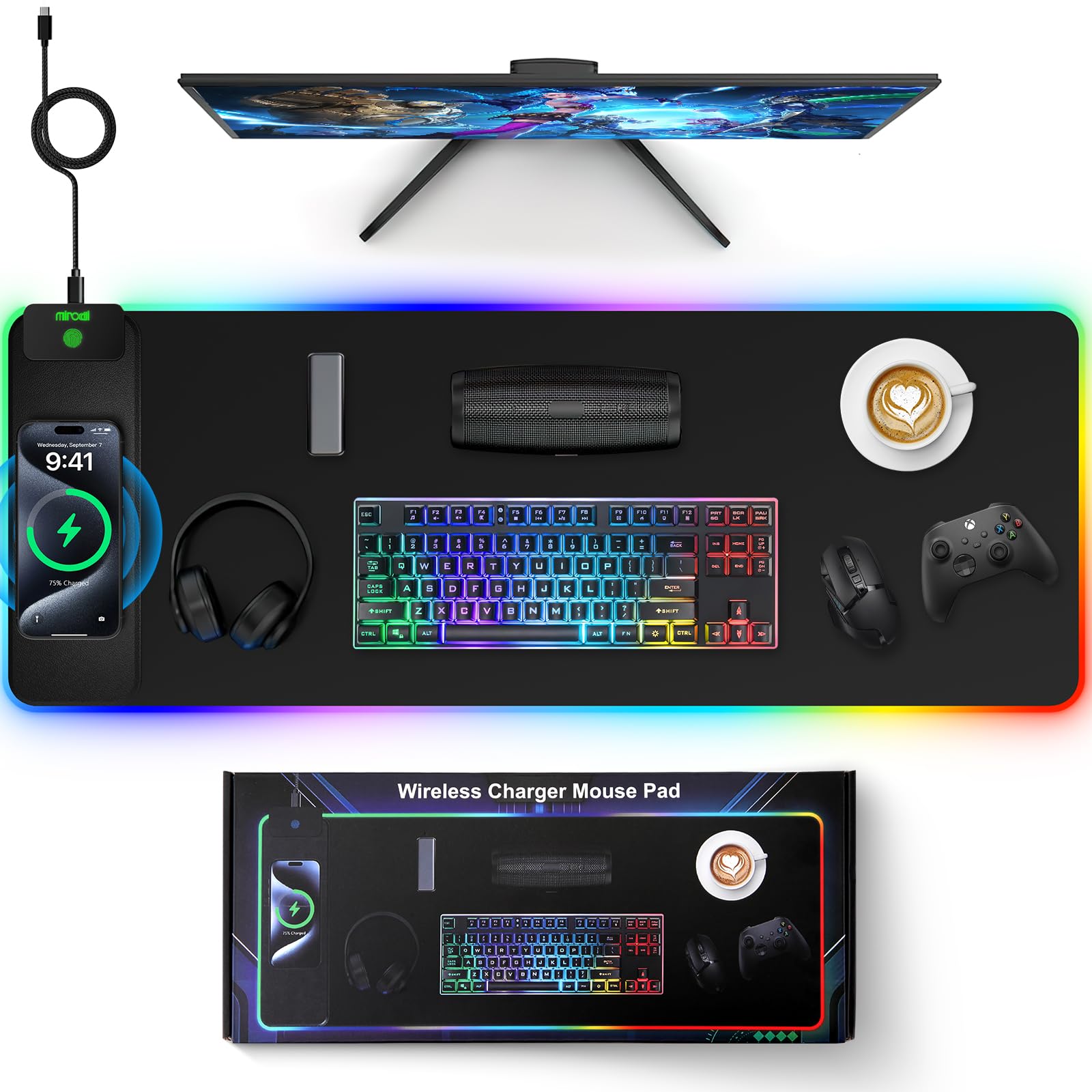 Magnetic Charging Mouse Pad, 31.5x11.81 Inch XL Gaming Mousepad, 11+5 RGB Lighting Modes, Home Office Large Desk Pad with Ultra-Smooth Surface, Non-Slip, Waterproof Keyboard Pad Classic Black Desk Mat
