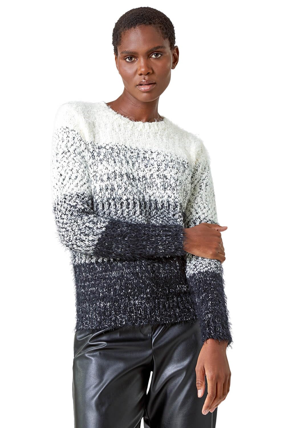 Roman Originals Women's Grey Fluffy Yarn Jumper For Uk Thick Sweater Warm Cosy Chunky Knitted Pullover Winter Furry Casual Smart Textured Everyday Cuddly Comfy Soft Knitwear - Size 14