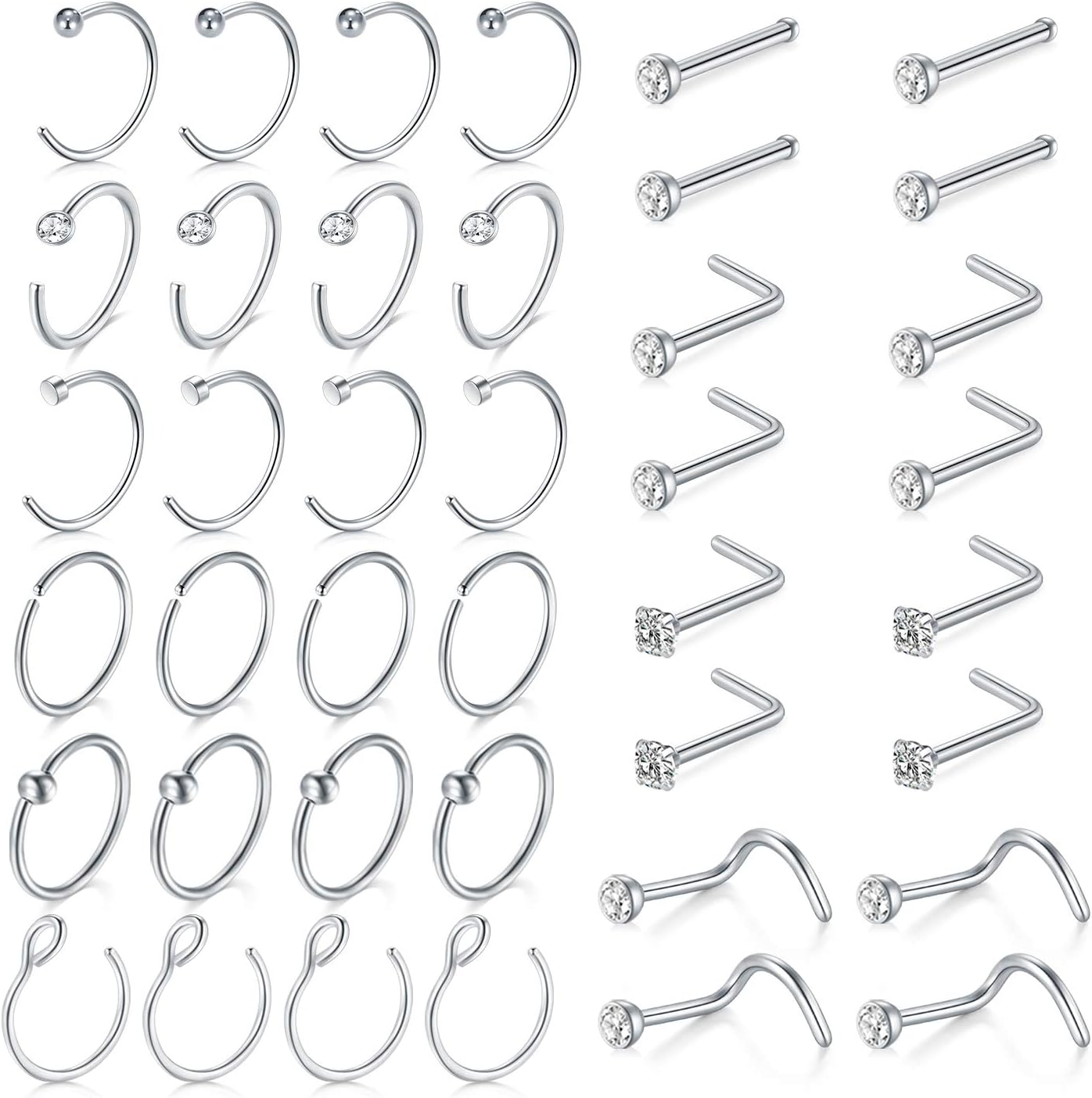 18 Nose Rings Studs Surgical Stainless Steel Hypoallergenic L Shaped Nose Piercing Jewelry for Women Men Silver Black Nostril Hoop Rings 18 Gauge