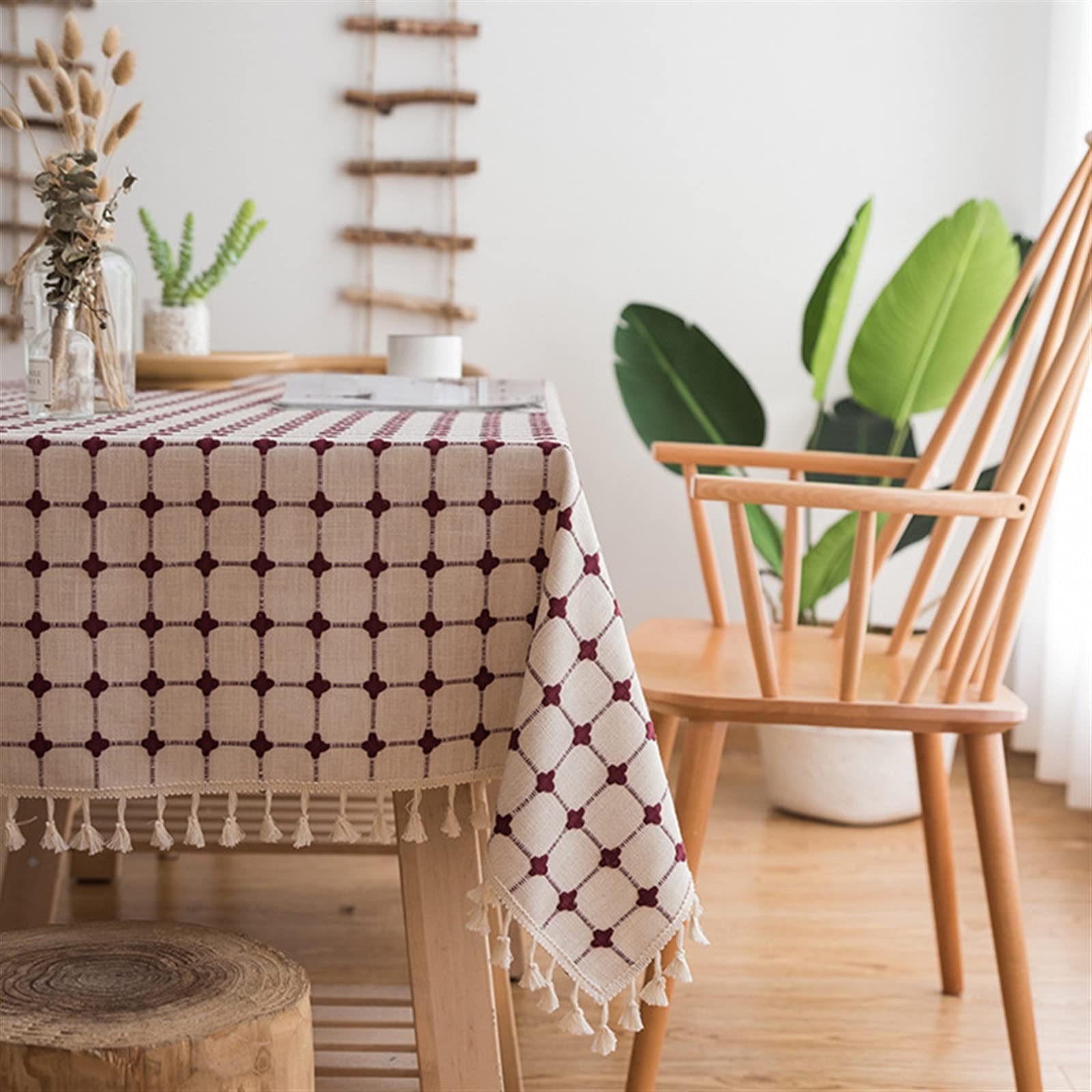 Japan Style Cotton Linen Obrus ​​Niebieskie Paski Chusta Haftowane Prostokątny Stół Obrus ​​Dekoracje Kuchenne Domu Tabeli Pokrywy(Apricot,110x110cm)