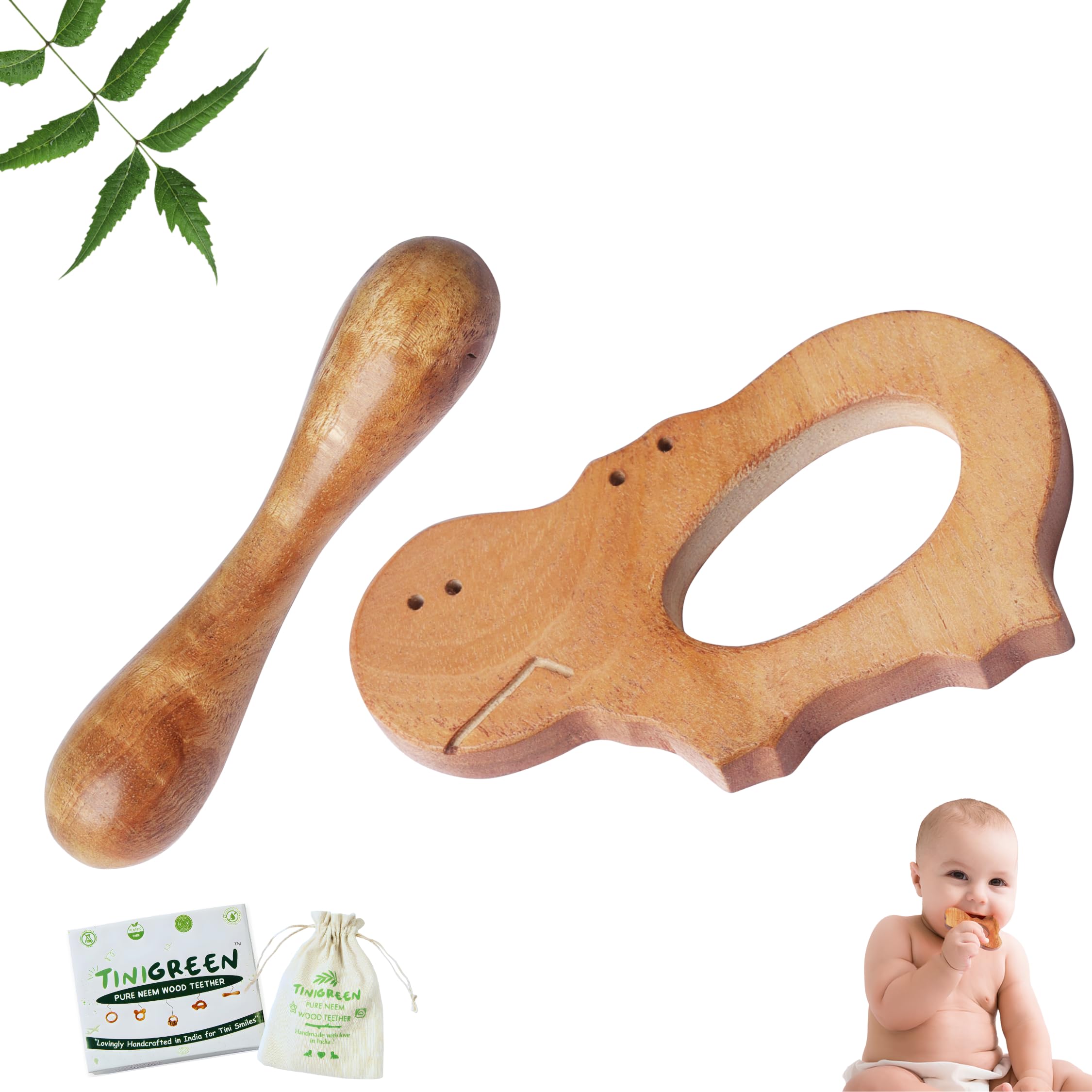 Neem Wooden Baby Teether Hippo & Dumbbell Shape Organic Neem Wood Baby Teething Toy Natural, Chemical-Free Teether for Infants 3–12 Months (Pack of 2)-image-3