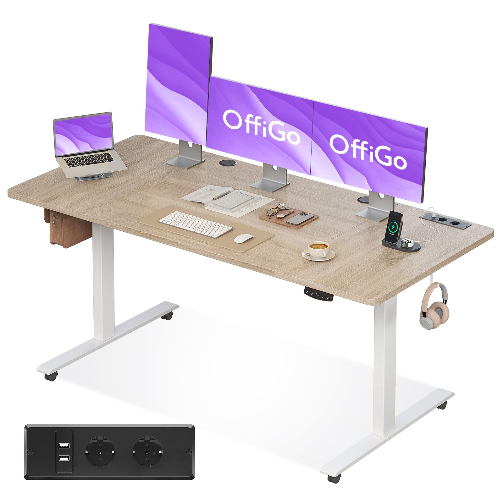 OffiGo Escritorio Elevable, 160cm, Mesa Elevable Escritorio con Carga USB, Mesa Regulable Altura con 2 Memorias, Escritorio Elevable para Oficina, Casa, Juegos, Beige