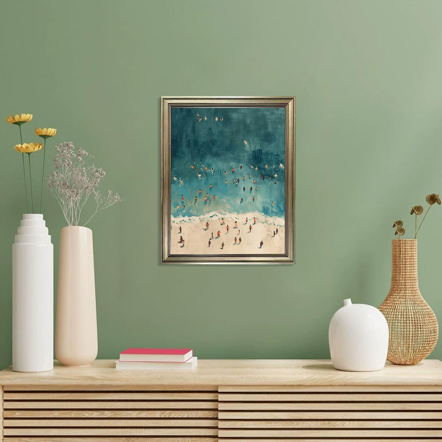 Vintage Framed Beach Wall Art Tiny People Swimming in Blue Ocean Canvas Print Summer Wall Decor Minimalist Seascape Oil Painting for Home Office Decor