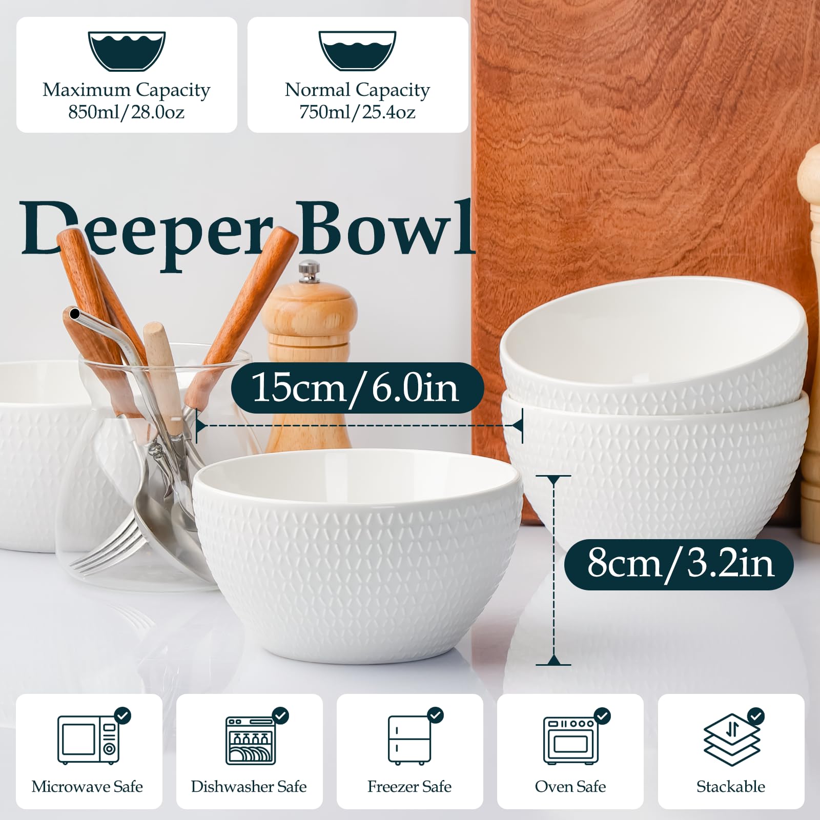 Snapklik.com : Deep Cereal Bowls, 6in Ceramic Soup Bowls, 28 Oz White ...