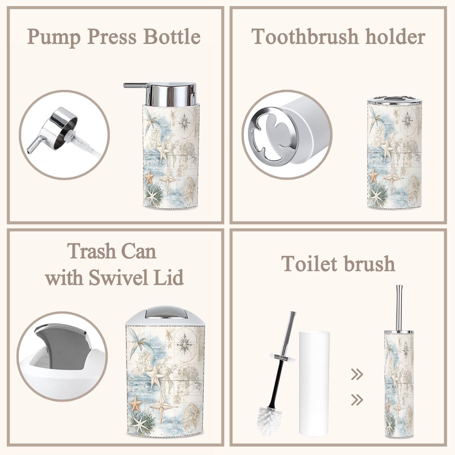 6 Piece Bathroom Accessories Set Sea Ocean Life Coastal Beach Theme Tropical Fish Coral Starfish Trash can Toilet Brush Holder Toothbrush Holder Toothbrush Cup Soap Dispenser Soap Dish Boho