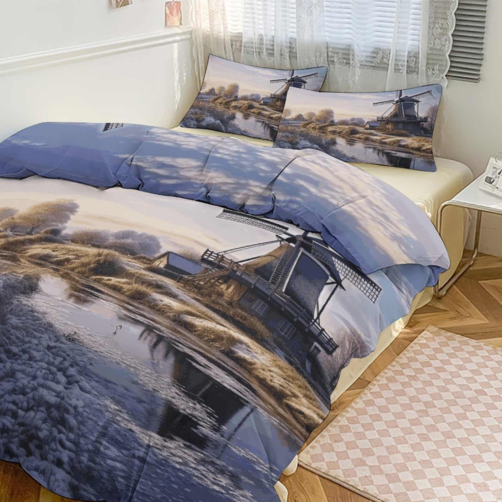 Couette pour grand lit avec motif moulin traditionnel pour une décoration de chambre élégante