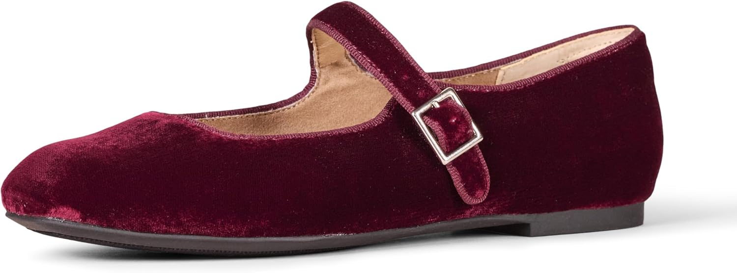 Amazon Essentials Women’s Velvet Mary Jane Ballet Flat with Buckle Strap