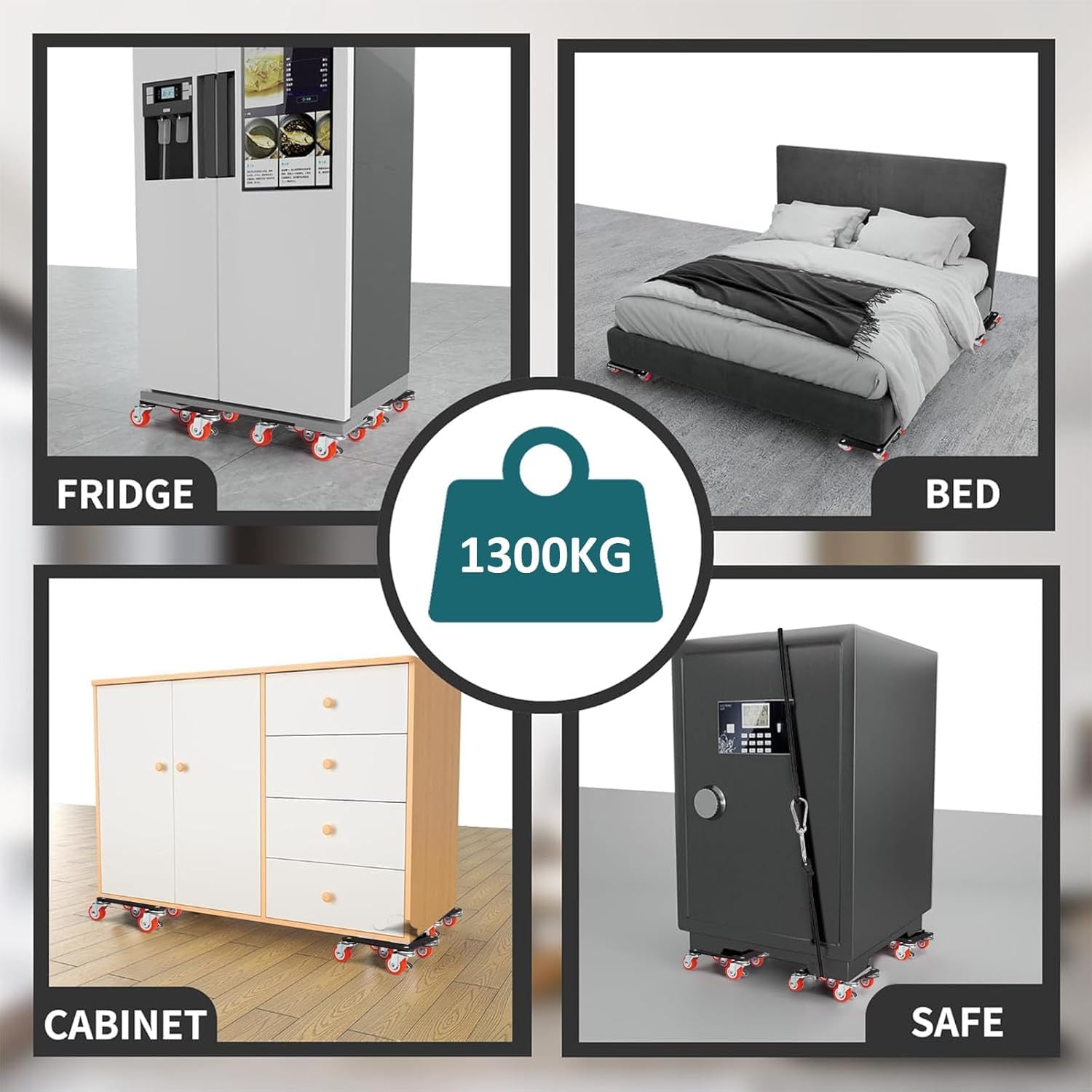 Kit Sollevatore Mobili, Spostare Mobili Pesanti, Kit Spostamento Mobili con Funzione di Parcheggio, Carico 1300 kg, con 5 Ruote Girevoli 360° per Spostamento Facile dei Mobili Rosso