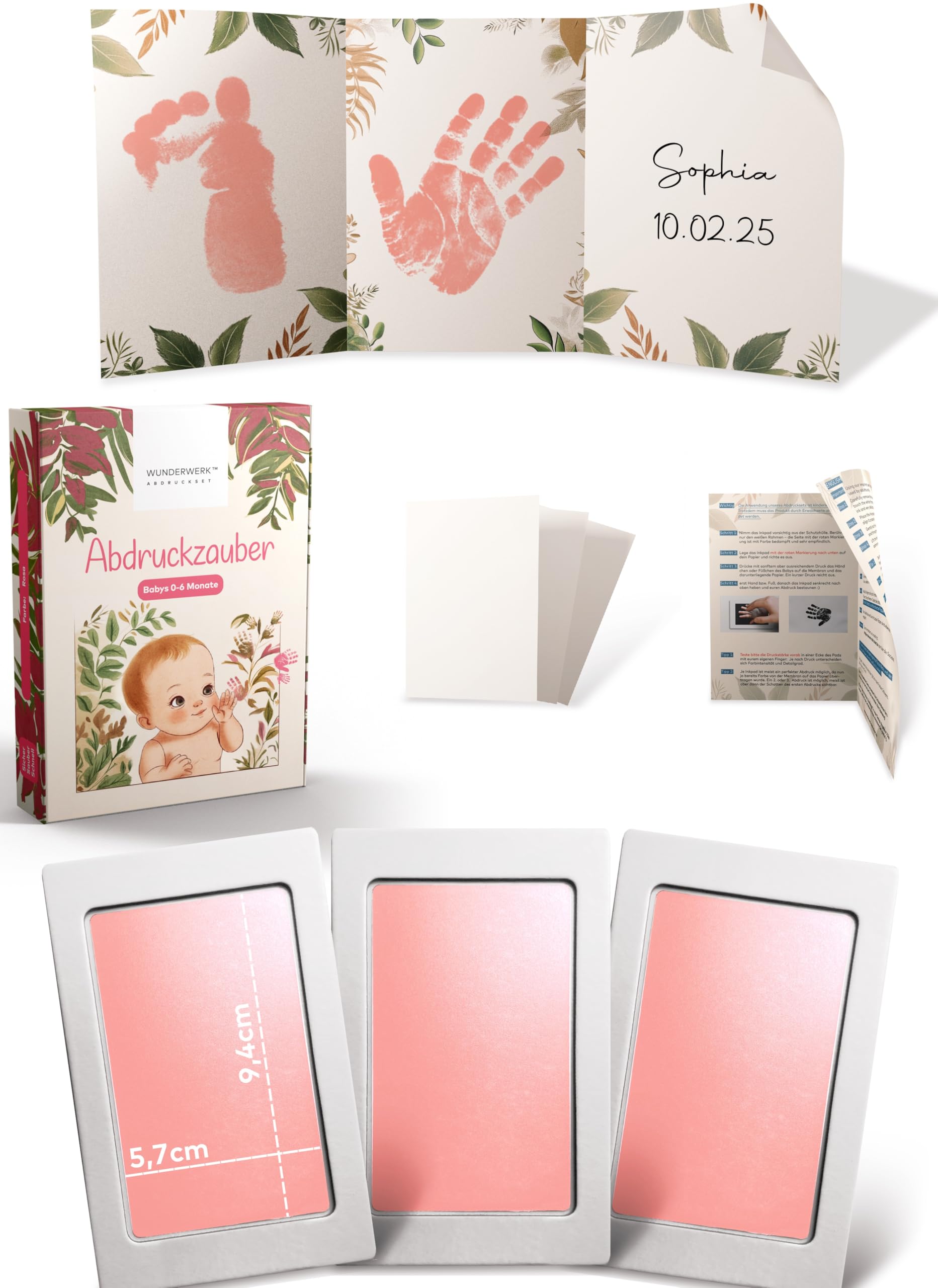 ABDRUCKZAUBER Original Baby Abdruckset 0-6 Monate I rosa Handabdruck Set & Fußabdruck Baby I Personalisiertes Geschenk Baby I Inkl. 3 Stempelpads, 3 Abdruckkarten & 1 liebevolle Faltkarte