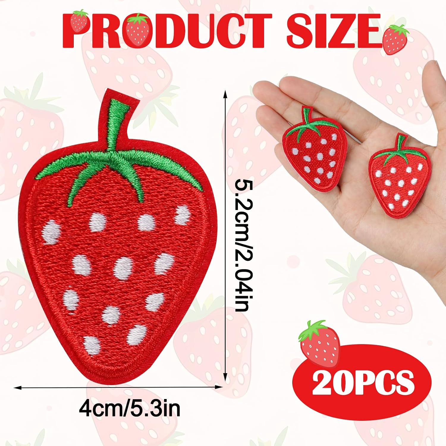 20PCS Cute Strawberry Iron On Patch, Embroidered Iron On/Sew On Strawberry Patches Fruit Decorative Patches for Clothing, Hats, Backpacks, DIY Accessories (2 x1.5in / 5.2x4cm)