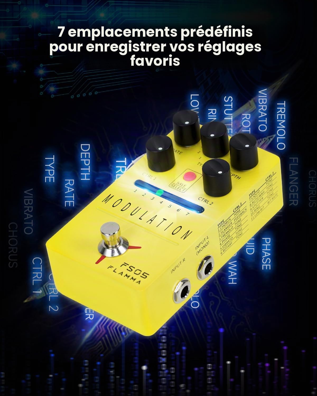 FLAMMA Pédale multi-modulation FS05 effets stéréo 7 emplacements stockables 11 effets de modulation True Bypass