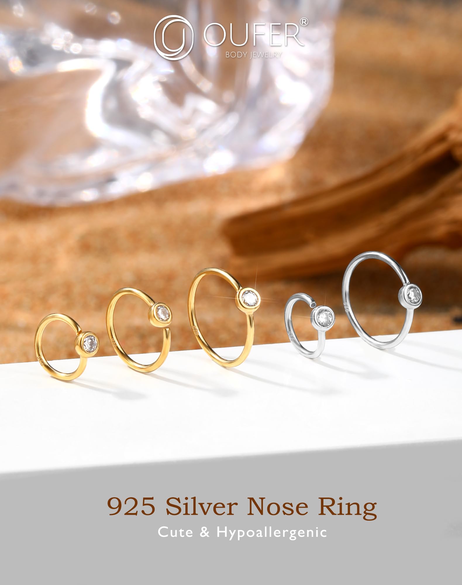 OUFER 20G Anello Naso Gold Seamless Open Piercing Naso Argento 925 CZ Trasparente Piercing Naso Nostril 10 mm Nose Piercing Nose Hoop Piercing Naso Donna Anellino
