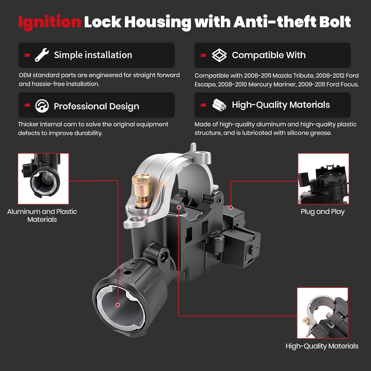 Ignition Lock Housing fits for 2008-2012 Ford Escape Focus & Mazda Tribute & Mercury Mariner Replacement 989-019 9L8Z3511A - w/Anti-theft Bolt