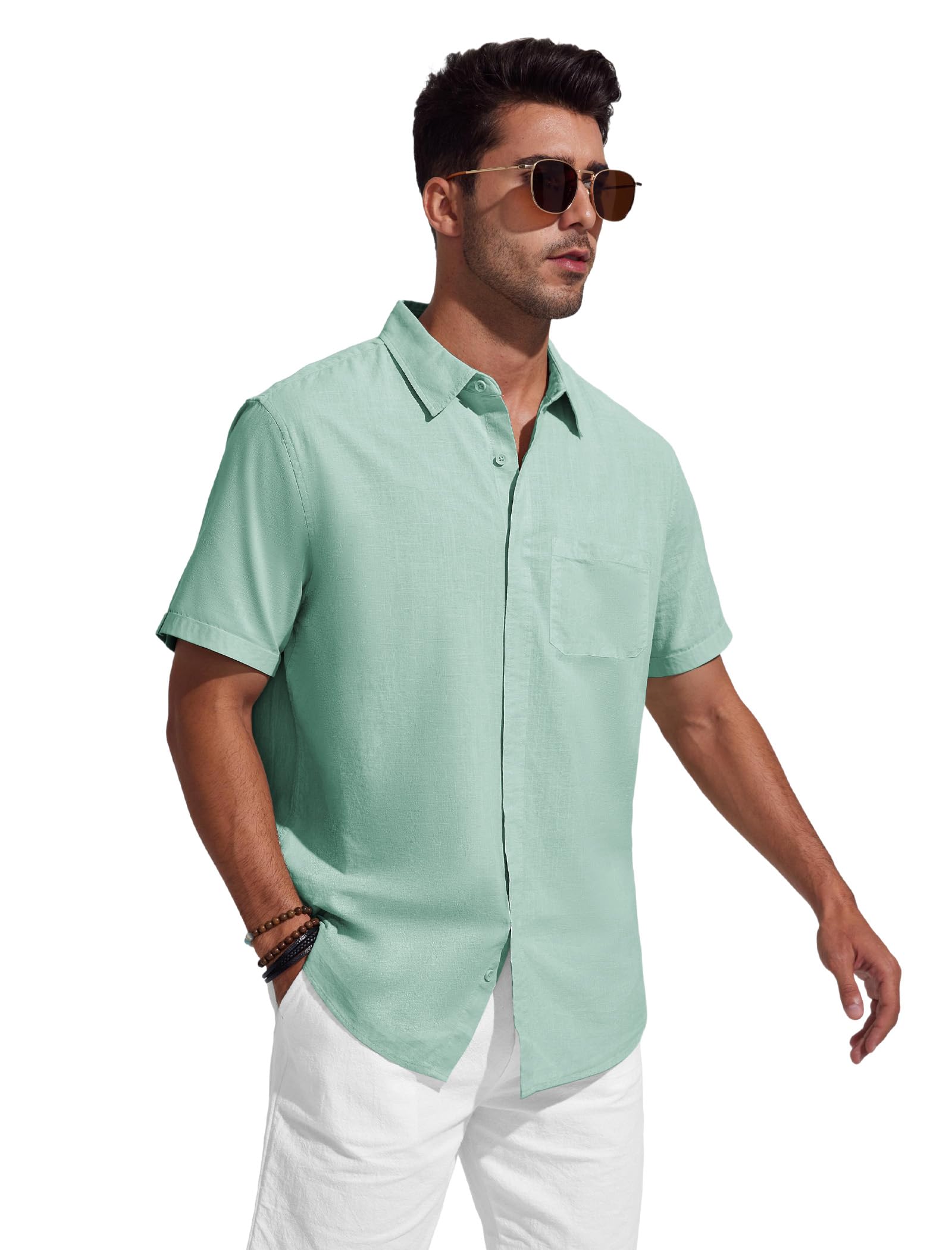 Friptspyg Chemise en Coton et Lin à Manches Courtes pour Homme avec Poche Et Boutons Cachés Idéale pour Un Usage Quotidien Casual Ou à La Plage