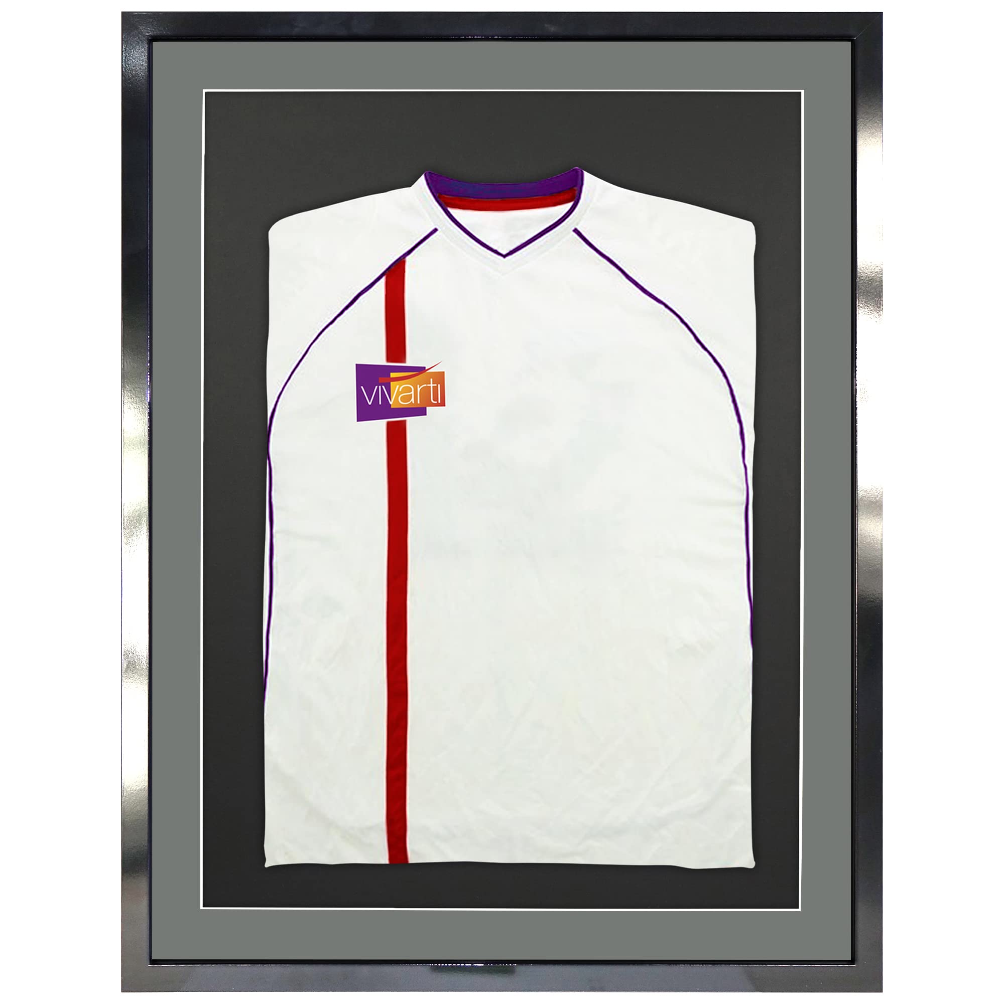 Vivarti Marco de exhibición de Camisa Deportiva montado en 3D para Camisa de fútbol, 60 x 80cm,Marco Negro Brillante, Soporte Plateado, Tarjeta Trasera Negra