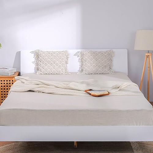 Sábana bajera de lino, 100% lino francés lavado a la piedra, color liso, suave, transpirable, elástico, funda de colchón de 16 pulgadas de