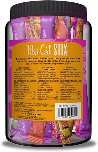 Miniatura 2 de Tiki Cat Stix Mousse Golosinas, Mega tarro variado, golosina indulgente de una sola porción o adorno para alimentos secos, 50 unidades, 25 onzas