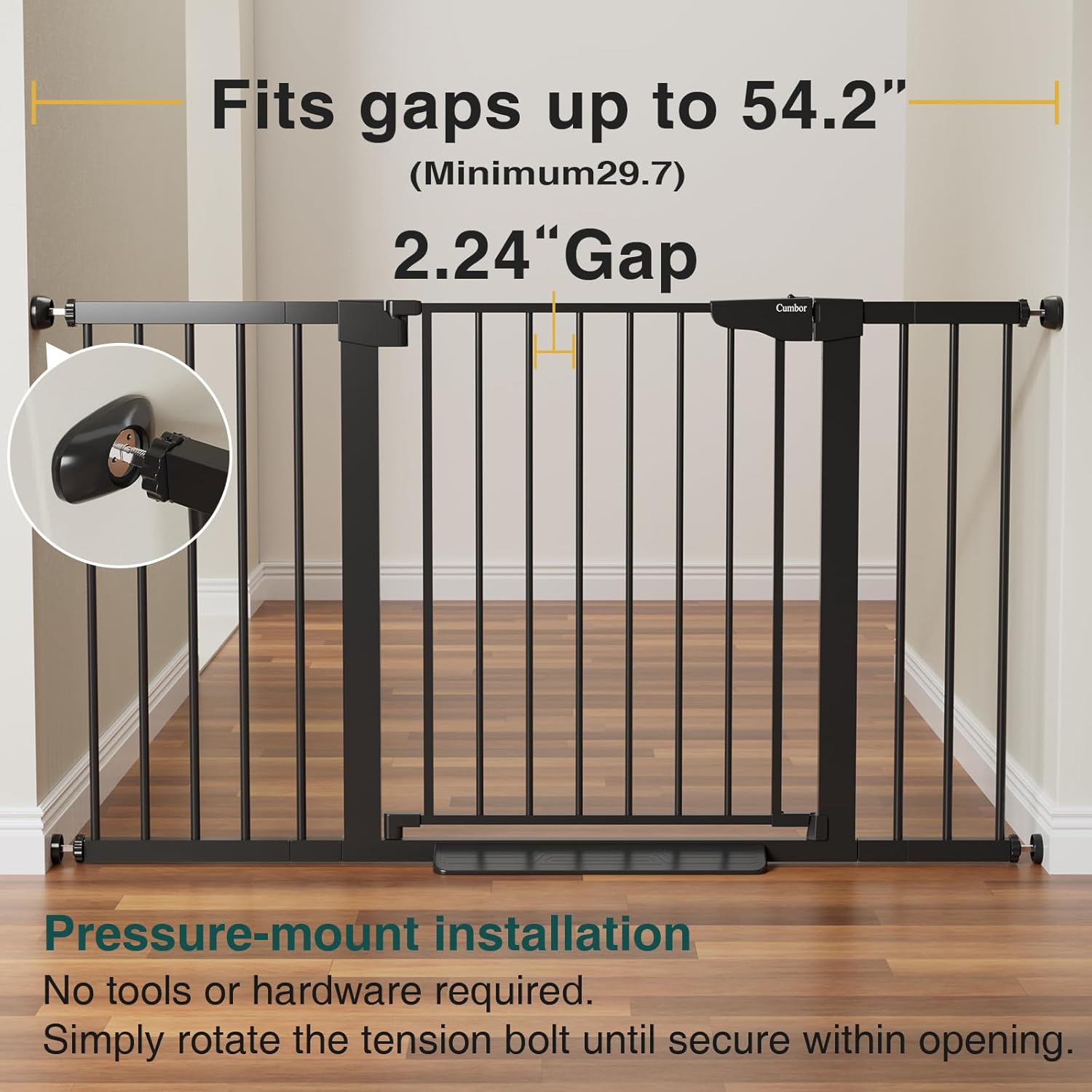 cumbor 29.7-54.2" wide baby gate for stairs, mom's choice awards winner-self closing dog gate indoor for doorways, no drilling pressure mounted pet gates for kids, easy walk through safety gate, black black 29.7-54.2"w x 30.5"h