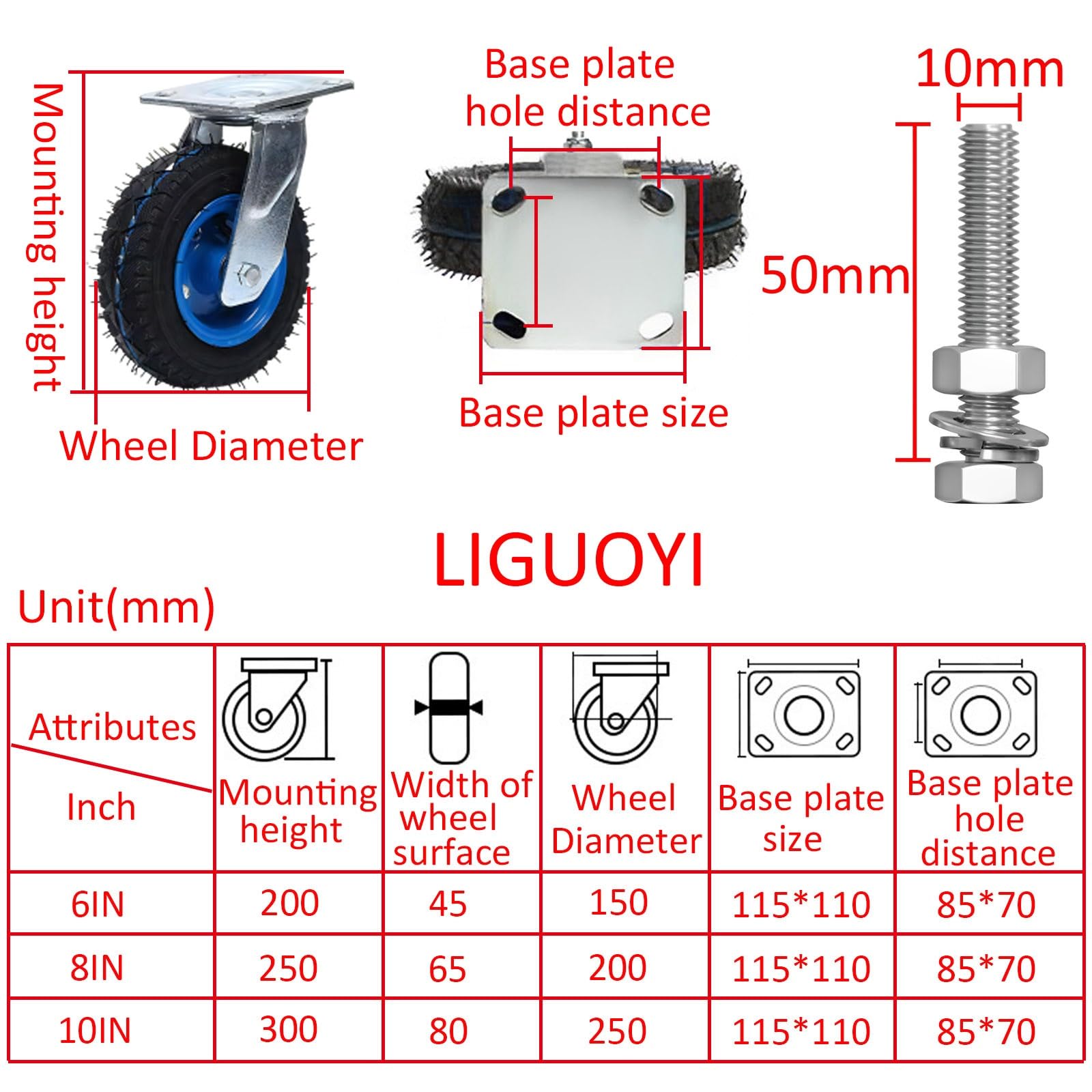 LIGUOYI 2 Pcs Rueda Giratoria De Servicio Pesado con Freno, Ruedas Fijo ​de Transporte De 150/200/250MM Rodamientos Dobles, Silenciosa Fácil De Instalar Industriales De La Carretilla De La Rueda